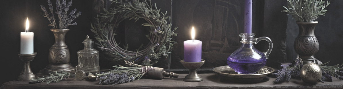 Ein alter Tisch mit aufgeschlagenem Buch umgeben von Kerzen und Lavendel