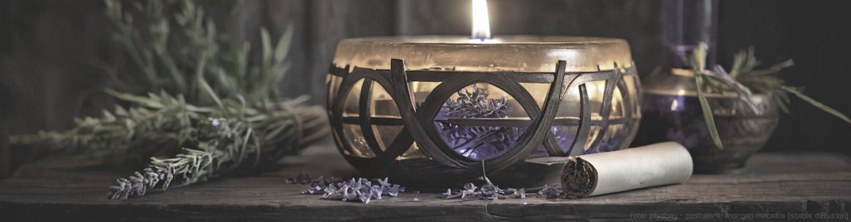 Ein alter Tisch mit Kerze und Lavendel